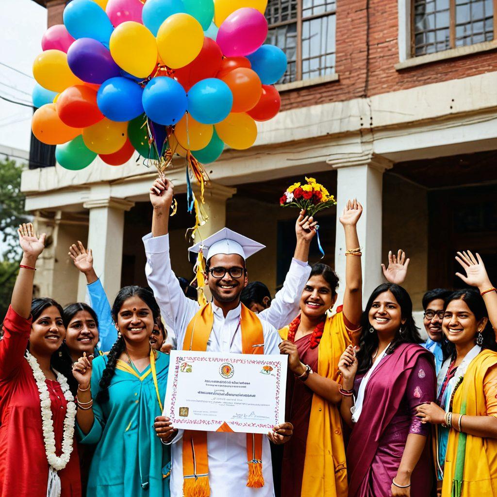 A vibrant graduation ceremony scene in Bihar, featuring a diverse group of joyful students in traditional attire holding their certificates and medals high. The background showcases the iconic Bihar's educational institutions decorated with balloons and banners celebrating achievements. A parental figure beams with pride, and a backdrop of confetti falls to enhance the festive mood. Bright, warm colors and a sense of triumph should fill the composition. super-realistic. vibrant colors. festive atmosphere.