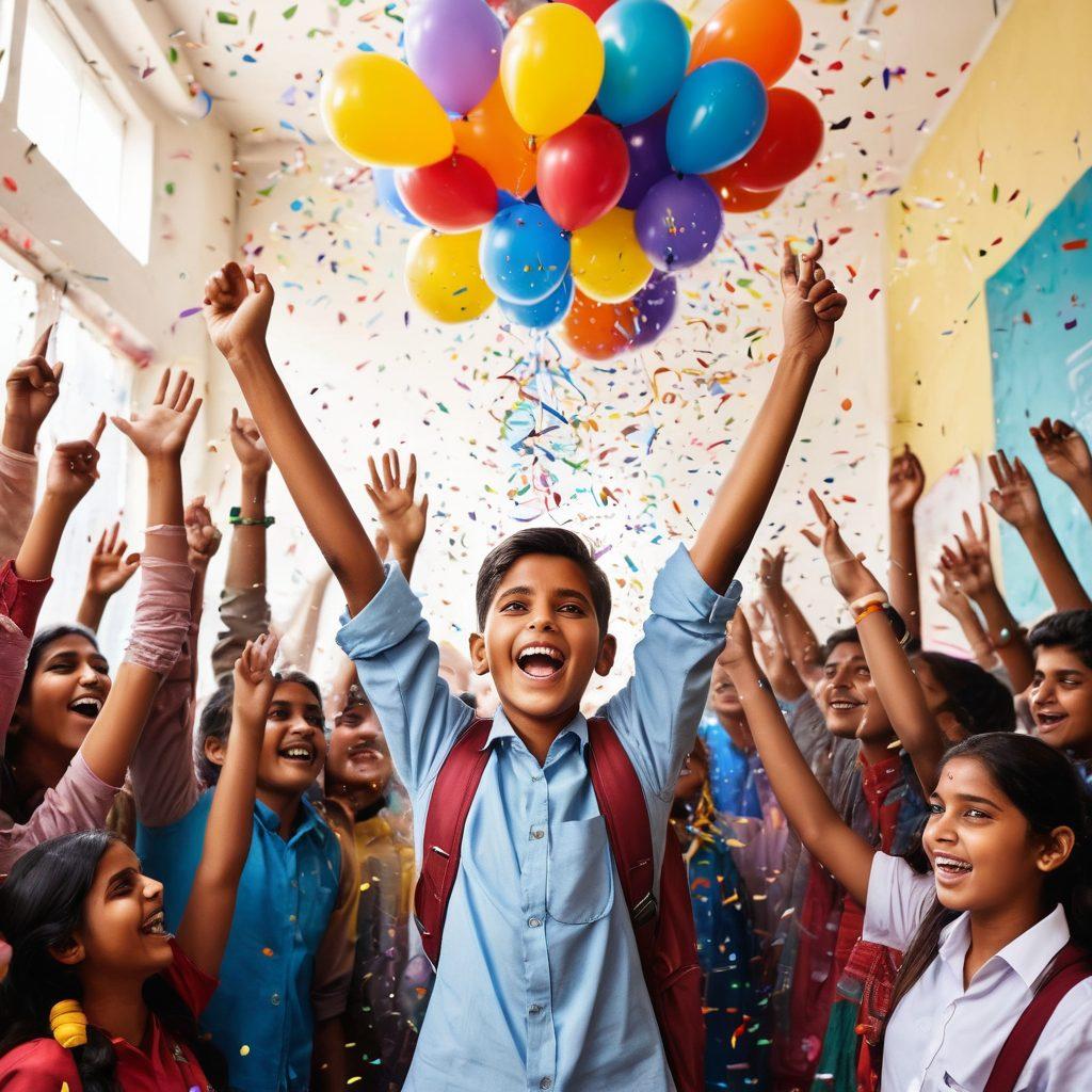 A confident student holding up their Bihar Board exam results in a celebratory manner, surrounded by balloons and confetti, with a backdrop of a classroom filled with enthusiastic peers. The scene captures a sense of achievement and hope for the future, with a focus on the exam results displayed prominently in the foreground. soft focus on the classroom elements for depth. vibrant colors. super-realistic.